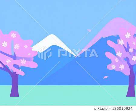 桜と残雪の山　春イメージ　イラスト 126010924