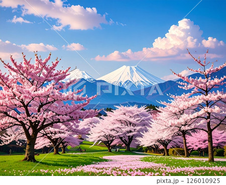 桜と残雪の山　春イメージ　イラスト 126010925
