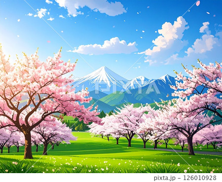 桜と残雪の山　春イメージ　イラスト 126010928