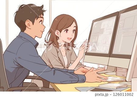 画面を見ながら話すビジネスウーマン_イラスト2 126011002