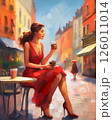 Elegant woman in red dress drinking coffee at a Parisian cafe, romantic morning light, artistic oil painting style, vibrant European street, classic charm, fashionable scene, sunny ambiance 126011014
