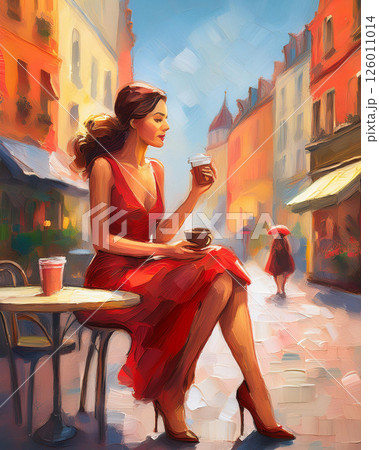 Elegant woman in red dress drinking coffee at a Parisian cafe, romantic morning light, artistic oil painting style, vibrant European street, classic charm, fashionable scene, sunny ambiance 126011014