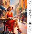 Elegant woman in red dress sitting at outdoor cafe with coffee, romantic European street, sunlit morning, artistic oil painting style, fashionable scene, peaceful mood, classic Parisian ambiance 126011062