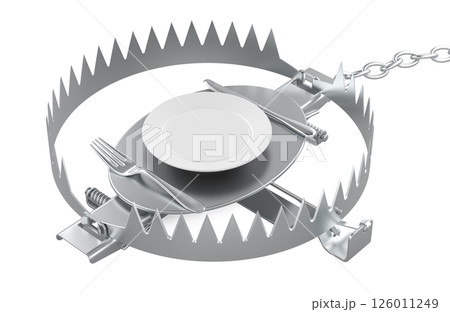 Bear trap with plate, knife and fork. Diet concept, 3D rendering Bear trap with plate, knife and fork. Diet concept, 3D rendering 126011249