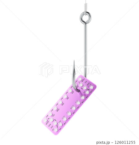 Fishing hook with birth control pills, 3D rendering Fishing hook with birth control pills, 3D rendering 126011255