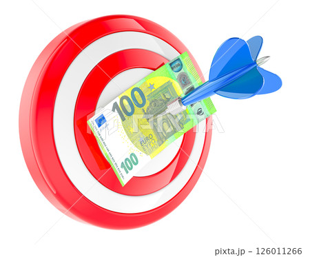 Target with pinned 100 euro banknote in bullseye. Successful business, concept. 3D rendering 126011266