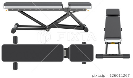 Universal Training Bench. Top, side and front views. 3D rendering 126011267