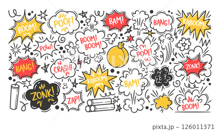 Comic bomb boom set with cartoon speech bubbles, funny lettering, explosion and splash effects Comic bomb boom set with cartoon speech bubbles, funny lettering, explosion and splash effects 126011371