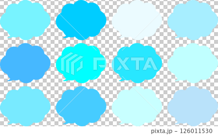 A set of colorful cloud-shaped speech bubbles in blue tones. The tail of the speech bubble is attached to the bottom left. 126011530
