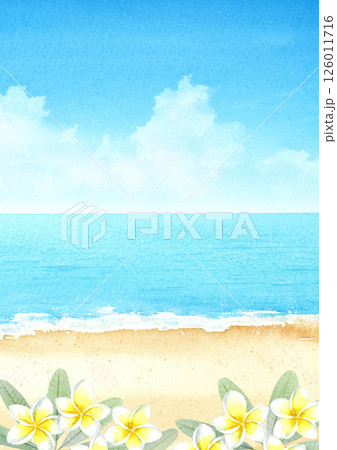 プルメリアと夏の海の風景の水彩画 A4縦 プルメリアと夏の海の風景の水彩画 A4縦 126011716