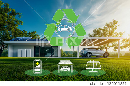 未来型エコ住宅とEVを支えるソーラーカーポートイメージ 126011821