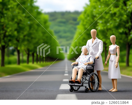 車椅子で出かける患者と付き添いの人形 車椅子で出かける患者と付き添いの人形 126011864