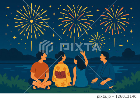 家族で夜空に咲く花火を眺める夏のひととき 126012140
