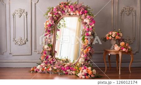 室内の花で覆われた鏡のイラスト 126012174