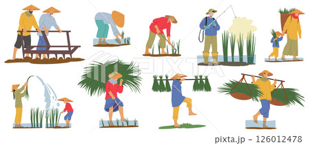 Asian farmer cartoon characters cultivating plants, harvesting working on agricultural field set 126012478