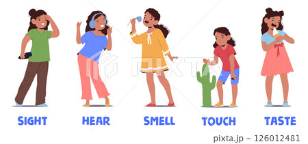 Pretty little girl cartoon characters showcasing five human senses for environment experiencing 126012481
