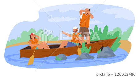 Worried nervous people sport crew having troubles during rafting activity on river cartoon scene 126012486
