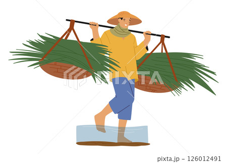 Happy asian farmer cartoon character carrying harvest of rice enjoying high yield isolated scene Happy asian farmer cartoon character carrying harvest of rice enjoying high yield isolated scene 126012491