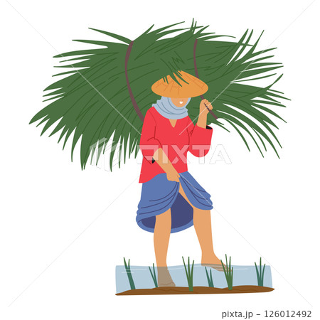 Asian farmer cartoon character working on rice plantation in oriental village isolated scene 126012492