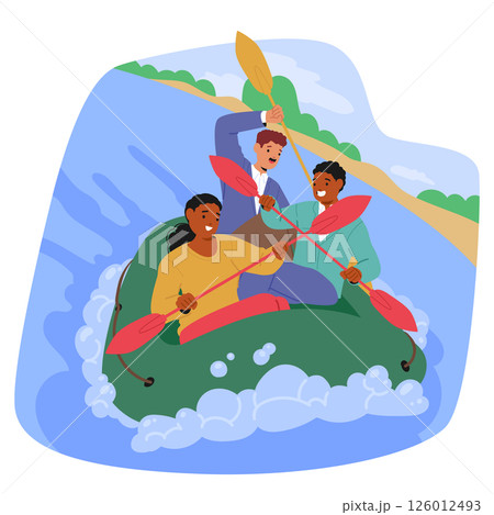 People team with paddles enjoying extreme rafting in inflatable boat in stormy river cartoon scene 126012493