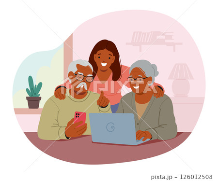 Adult woman helping her old parents to use laptop computer and internet technology cartoon scene Adult woman helping her old parents to use laptop computer and internet technology cartoon scene 126012508