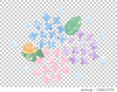 水彩風格的三種顏色雨水、蝸牛和繡球花插圖 126012579
