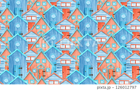 Rustic colorful huts paved seamless pattern. Hand painted simple watercolor illustration perfect for wrapping paper, wallpaper, textile, cards, children room design. Cute decorative house. Blue red Rustic colorful huts paved seamless pattern. Hand painted simple watercolor illustration perfect for wrapping paper, wallpaper, textile, cards, children room design. Cute decorative house. Blue red 126012797