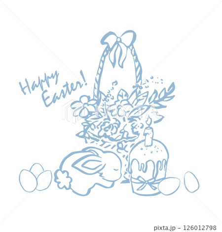 Easter composition with a rabbit, flowers and eggs. Ready template for a postcard, poster, invitation for Easter. Vector illustration. Easter composition with a rabbit, flowers and eggs. Ready template for a postcard, poster, invitation for Easter. Vector illustration. 126012798