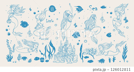 Mermaids and sea creatures - blue color. Sea collection doodle hand drawn. Big mermaid set. Vector illustrations. 126012811