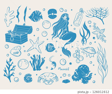 Mermaids and sea creatures - blue color. Sea collection doodle hand drawn. Big mermaid set. Vector illustrations. Mermaids and sea creatures - blue color. Sea collection doodle hand drawn. Big mermaid set. Vector illustrations. 126012812