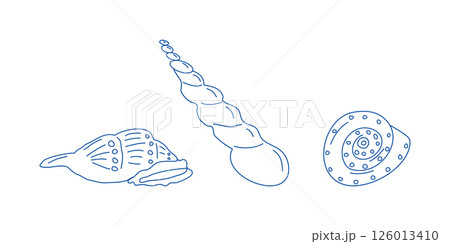 Marine elements doodle style set in blue la dolce vita. Italian style. Undersea world. Menu design of postcard and poster. Vector illustration. 126013410