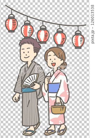 浴衣を着て提灯の下を歩く男女カップルのイラスト 126013538