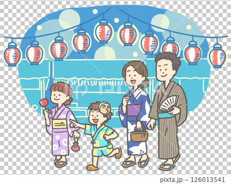 Illustration of a family wearing yukata walking through a summer festival at night 126013541