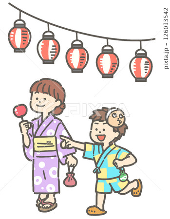 浴衣と甚平を着て提灯の下を歩く男の子と女の子のイラスト 126013542