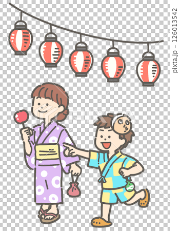 浴衣と甚平を着て提灯の下を歩く男の子と女の子のイラスト 126013542
