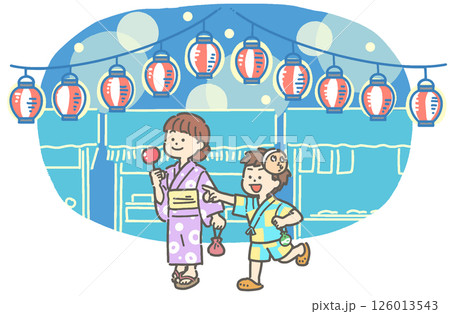 浴衣と甚平を着て夜の夏祭りを歩く男の子と女の子のイラスト 浴衣と甚平を着て夜の夏祭りを歩く男の子と女の子のイラスト 126013543