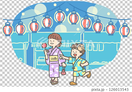 Illustration of a boy and girl wearing yukata and jinbei walking through a summer festival at night 126013543