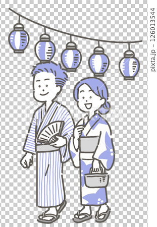 Illustration of a couple wearing yukata walking under a paper lantern 126013544
