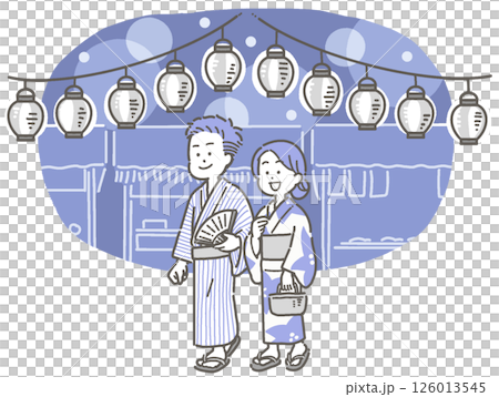 Illustration of a couple wearing yukata walking through a summer festival at night 126013545