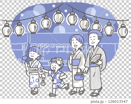 一家人穿著浴衣在夜晚的夏日祭典中漫步的插圖 126013547