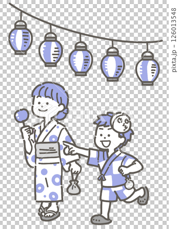 Illustration of a boy and girl wearing yukata and jinbei walking under a lantern 126013548