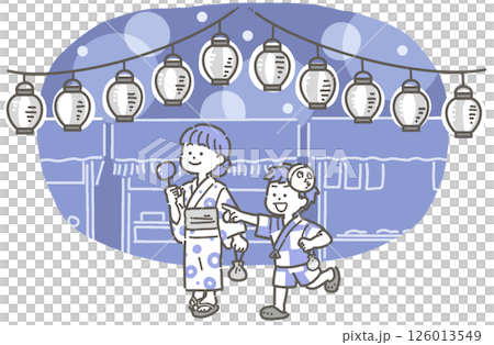 Illustration of a boy and girl wearing yukata walking through a summer festival at night 126013549