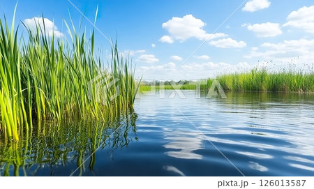 Peaceful summer lake scene with reeds and blue sky reflections. 126013587