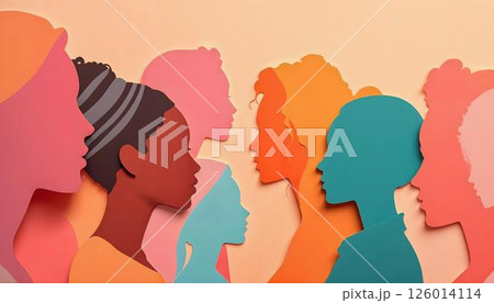 Paper silhouettes of women in a spectrum of colors, emphasizing diversity and solidarity in honor of International Women's Day 126014114