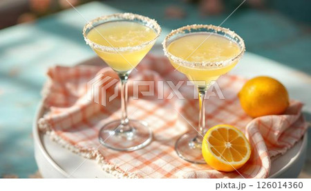 Two glasses of lemonade are placed on a table, complemented by a vase of fresh spring flowers, creating a charming cocktail atmosphere Two glasses of lemonade are placed on a table, complemented by a vase of fresh spring flowers, creating a charming cocktail atmosphere 126014360