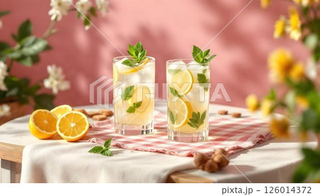 Two frosty glasses of lemonade featuring lime and mint, creating a charming spring cocktail ambiance on a table 126014372