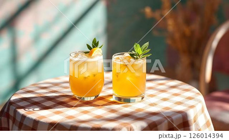Two eye-catching spring cocktails sitting on a beautifully arranged table with a tablecloth 126014394