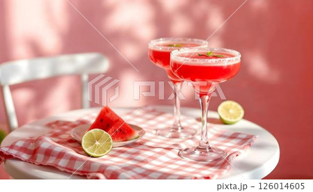 Two glasses of watermelon margarita, embellished with lime slices, highlight a delightful spring cocktail 126014605