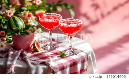 Two lively watermelon margaritas garnished with lime slices, perfect for savoring in the spring season 126014606