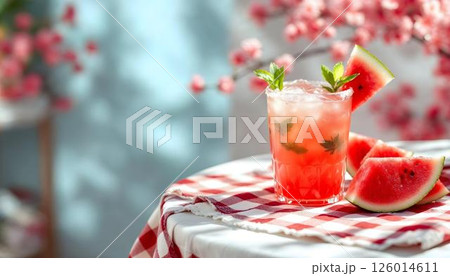 A vibrant watermelon margaritas with lime slices, ideal for enjoying during the spring season 126014611